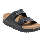 The Birkenstock Womens Arizona Flex Platform Black sandal by BIRKENSTOCK features two adjustable buckle straps, a cork footbed, a black textured platform sole, and an open-toed slip-on design for comfort and timeless style.