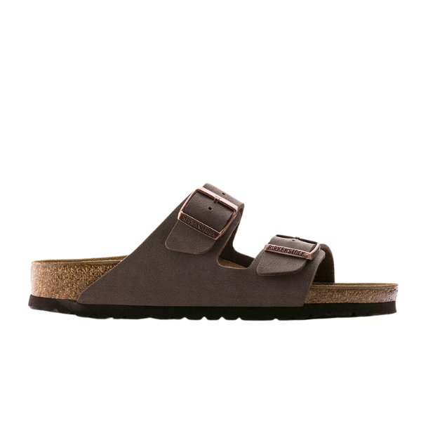 A side-profile of the BIRKENSTOCK Womens Arizona (Narrow Width) sandal in Mocha suede, featuring two adjustable buckle straps, a soft footbed, and a cork sole, displayed on a white background.