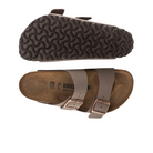 A pair of BIRKENSTOCK Womens Arizona (Narrow Width) sandals in mocha, featuring two straps with metal buckles, a textured sole, and a soft suede footbed shown from the top and bottom.
