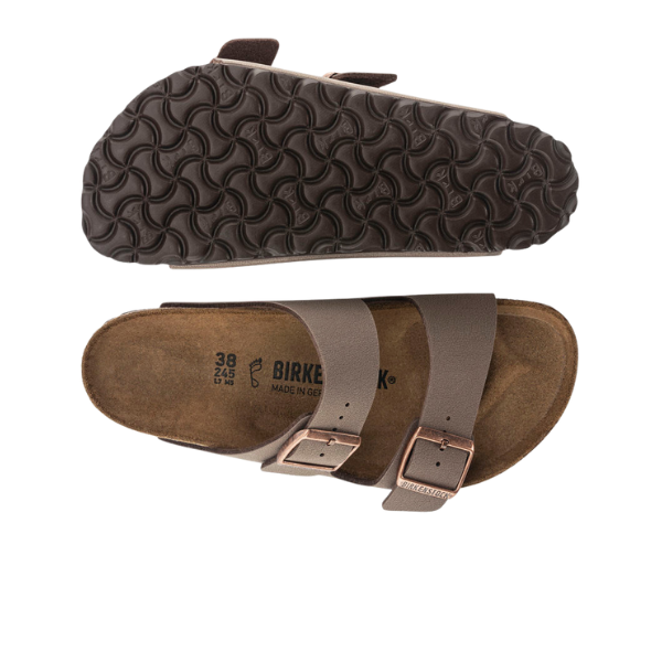 A pair of BIRKENSTOCK Womens Arizona (Narrow Width) sandals in mocha, featuring two straps with metal buckles, a textured sole, and a soft suede footbed shown from the top and bottom.