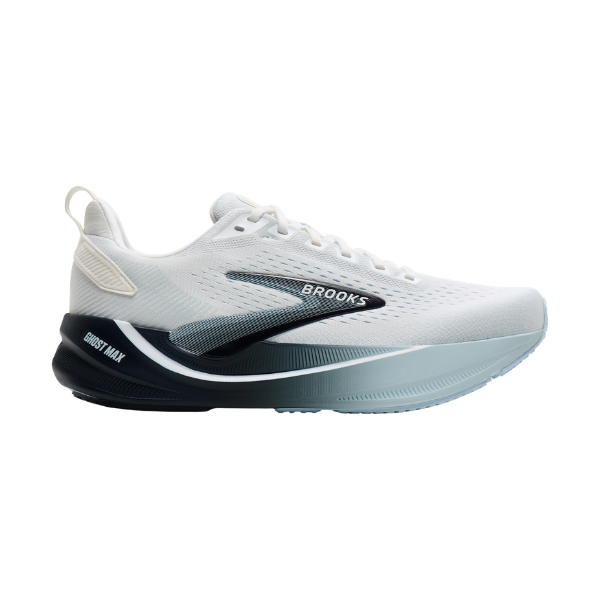 Brooks Men’s Ghost Max 4 in White/Blue, high-stack running shoe, side view on white background.