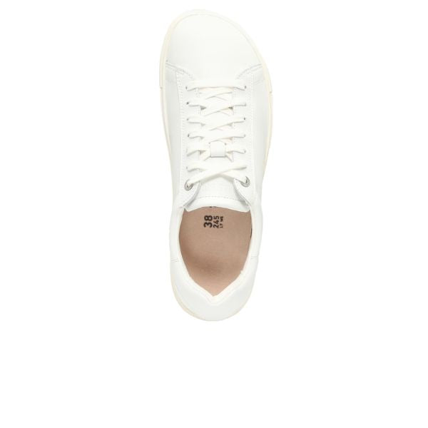 Top view of the BIRKENSTOCK Womens Bend White Leather sneaker, featuring a rounded toe, visible stitching, beige insole, and a contoured footbed for signature Birkenstock support to help reduce foot pain.