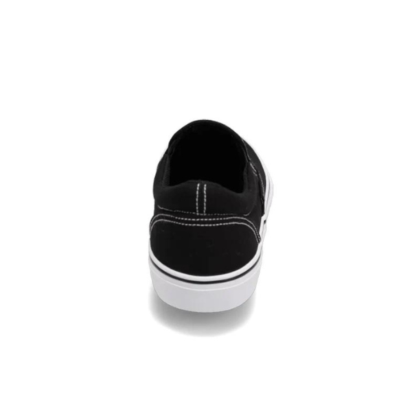 The Rival Womens Deuces Black/White by RIVAL, INC. is a comfortable black canvas sneaker with white stitching and a thick white rubber sole, shown from the back against a plain white background.