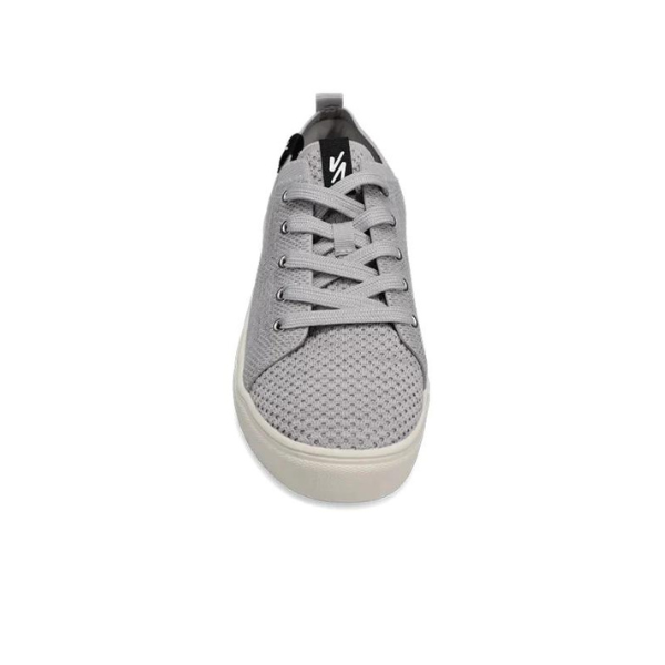 The Rival Womens Ace Knit Light Grey by RIVAL, INC. is shown from above, featuring a textured mesh upper, gray laces, white sole, black tongue with white logo, and an abrasion-resistant outsole for durability.