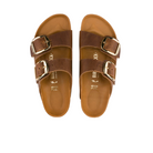 A pair of Birkenstock Womens Arizona Big Buckle Cognac sandals by BIRKENSTOCK, made from oiled nubuck leather with two Wide straps and large gold buckles, displayed top-down on a white background.