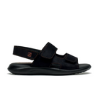 The ARCOPEDICO Womens Sumava Sandal Black is a black open-toe sandal with two adjustable hook-and-loop straps, a back strap, a contoured sole for foot pain relief, and brown stitching accents.