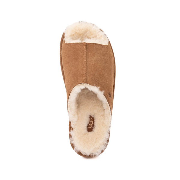 A single UGG Women's Greenport Slide Chestnut slipper with white shearling lining, closed toe, and open heel is shown from above on a white background. The UGG logo is visible inside this suede sheepskin slipper.
