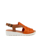 The DJANGO & JULIETTE Womens Madis Orange/Dark Tan Leather sandal features an open toe, white low wedge sole, buckle ankle strap, and cut-out sides—ideal for all-day comfort.