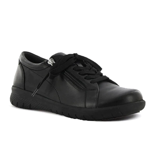 The ZIERA Womens Solar Black is a black leather slip-on sneaker with black laces, low heel, and side zipper detail, designed for foot pain relief and shown on a white background.