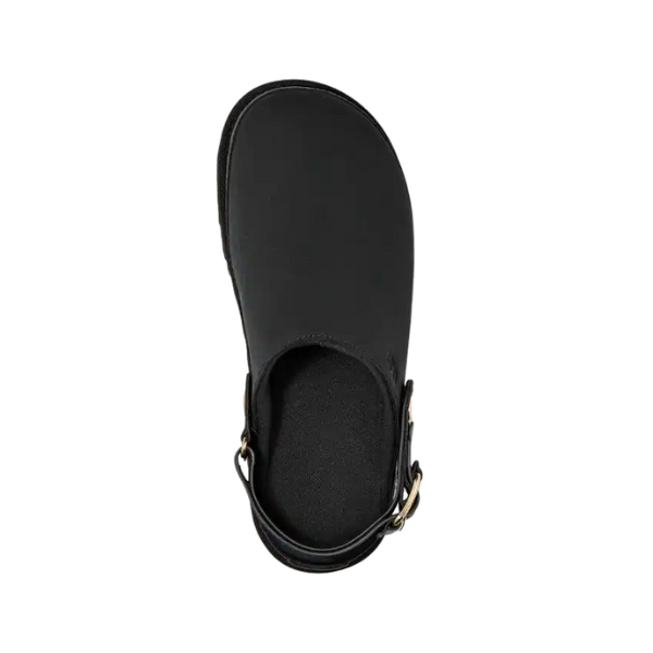 Top view of a single UGG Women's Goldenstar Villa Black nubuck clog sandal with a closed toe, adjustable backstrap, and buckle from UGG, displayed on a white background.