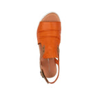 Top view of the DJANGO & JULIETT Womens Madis sandal in Orange/Dark Tan Leather, featuring an open toe, slingback strap with buckle, visible stitching, and cushioned insole for comfort.