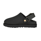 The UGG Women's Goldenstar Villa Black is a slip-on sandal crafted from nubuck leather, with a closed toe, thick sole, gold button detail, and adjustable backstrap; displayed in profile on a white background.