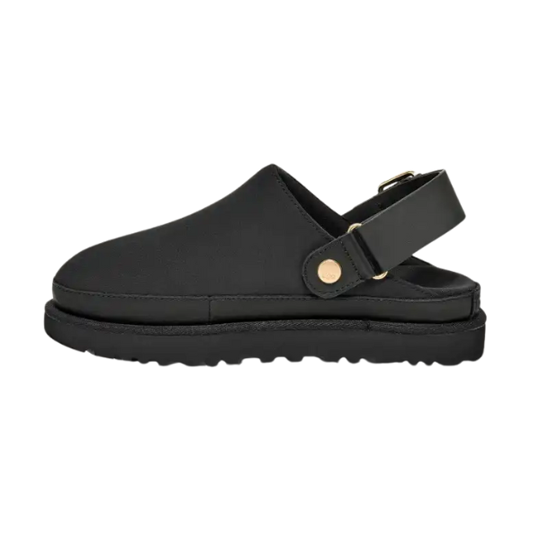 The UGG Women's Goldenstar Villa Black is a slip-on sandal crafted from nubuck leather, with a closed toe, thick sole, gold button detail, and adjustable backstrap; displayed in profile on a white background.