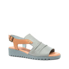 The Django & Juliette Womens Madis Steel Leather Gray/Tan sandal features a stylish ruched gray leather upper, tan buckle heel strap, open toe, and low platform sole for comfortable, all-day wear from DJANGO & JULIETT.