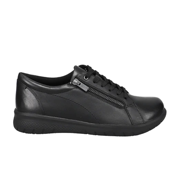 The ZIERA Womens Solar Black sneaker features black leather, black laces, a side zipper, and a low-profile rubber sole—ideal for stylish comfort and foot pain relief. Shown in a right-facing side view.