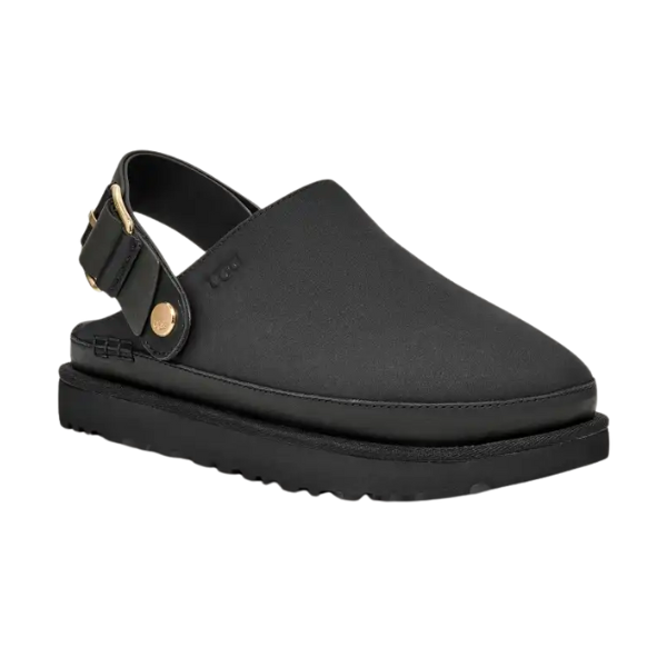 The UGG Women's Goldenstar Villa Black is a black nubuck leather clog with a thick sole, adjustable backstrap, gold buckle detail, and a minimalist design for everyday style.