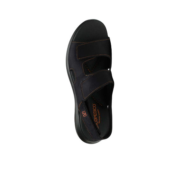 ARCOPEDICO Arcopedico Womens Sumava Sandal in Black features two adjustable hook-and-loop closures and orange stitching, shown from above on a plain white background.