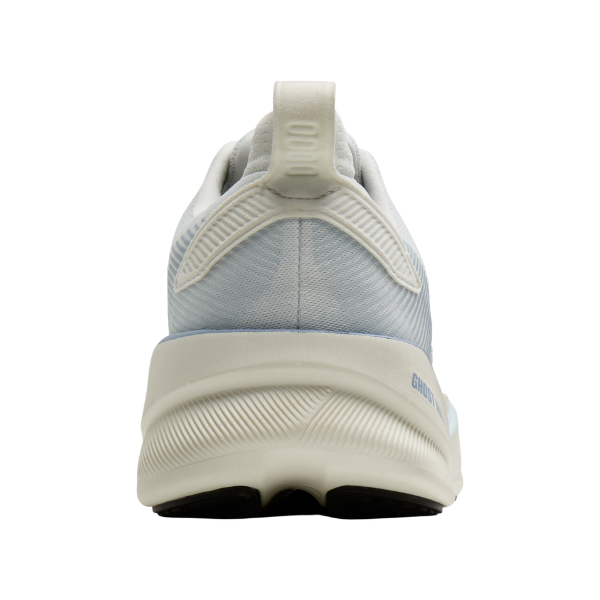 A grey/white Brooks Women’s Ghost Max 4 running shoe with high-stack cushioning, viewed from the back.
