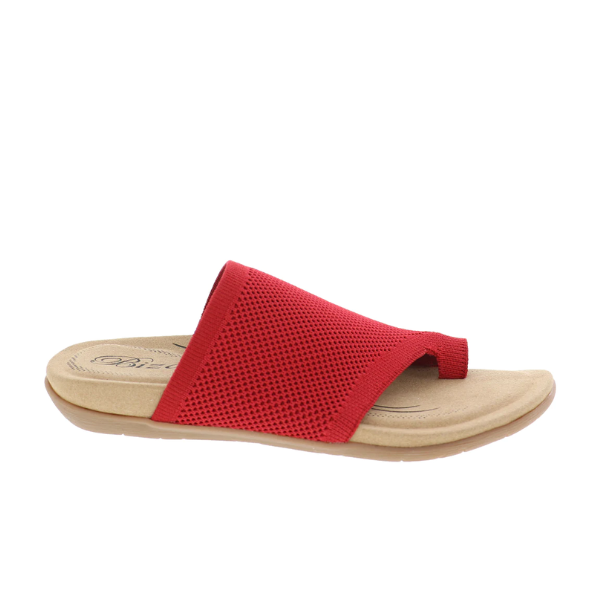 A single BIZA FOOTWEAR Biza Womens Lavish Red sandal with a stretch knit upper, open toe, toe loop, and beige cushioned memory foam sole is displayed on a white background.