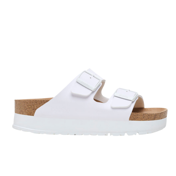 The BIRKENSTOCK Womens Arizona Flex Platform sandal in white features two buckle straps, a cork footbed, and a white rubber sole, displayed in a side profile.