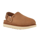 The UGG Womens Goldenstar Clog Chestnut by UGG showcases chestnut suede in a slip-on, closed-toe design with an adjustable heel strap and a thick, textured cream platform sole.