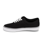 The Rival Mens Trips Black/White by RIVAL, INC. is a black low-top canvas sneaker with white laces, a white rubber sole, and a black edge stripe—classic CVO style ideal for mens trips or everyday wear.