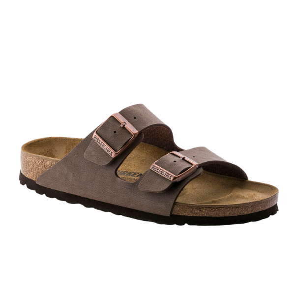 The Birkenstock Womens Arizona (Narrow Width) Mocha sandal features two adjustable suede straps with buckles, a soft footbed, and a black rubber sole, shown on a white background.