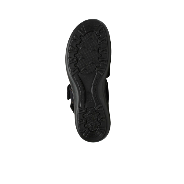 The image shows the bottom view of the Arcopedico Womens Sumava Sandal Black by ARCOPEDICO, highlighting its black rubber sole with textured patterns designed for grip and traction.