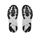 The HOKA Womens Arahi 8 Wide Black/White features black and white patterned soles, offering extra cushioning and support for overpronation, shown from the bottom on a white background.