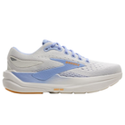 The BROOKS Women's Ghost Max 3 Medium in Coconut/Blue features a white mesh upper with light blue accents and an orange logo, plus a cushioned sole for comfort and support—ideal for runners or those with plantar fasciitis.
