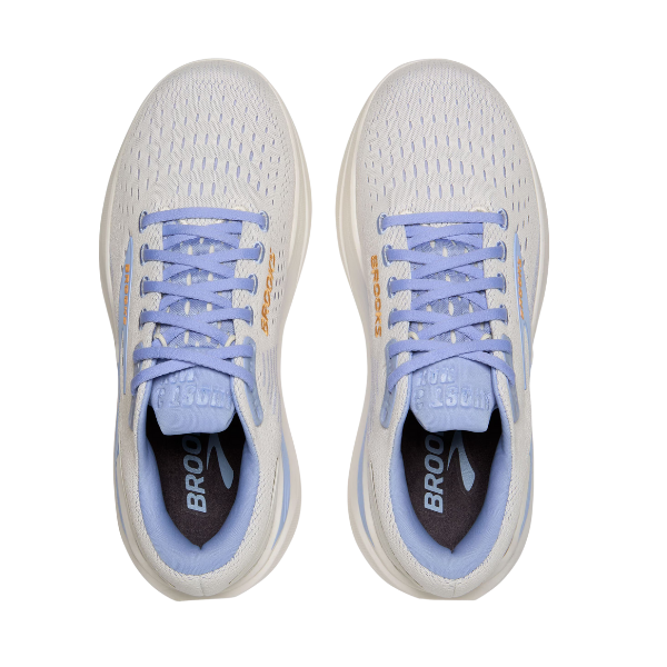 Top view of Brooks Women's Ghost Max 3 Medium running shoes in Coconut/Blue, featuring comfort and support, ideal for plantar fasciitis. "BROOKS" appears on the insoles and sides.