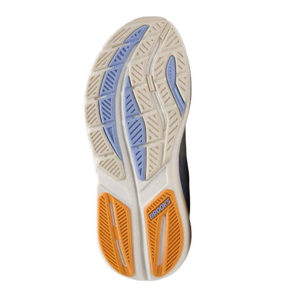The image shows the sole of the BROOKS Women's Ghost Max 3 Medium Coconut/Blue running shoe, featuring white, blue, and orange tread with "Brooks" in blue—ideal for women runners or those with plantar fasciitis.