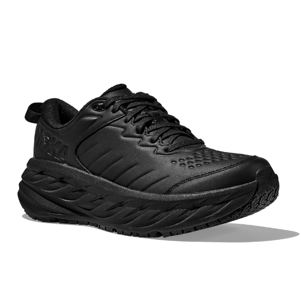 The HOKA Womens Bondi SR Wide Black is an athletic shoe with a thick, textured slip-resistant sole, mesh-like upper, black laces, and heel pull tab, displayed on a white background.