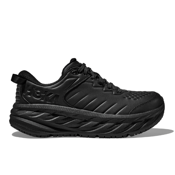 The HOKA Womens Bondi SR Wide Black sneaker by HOKA features a thick cushioned sole, mesh details, lace-up closure, and a slip-resistant outsole. Displayed in side profile on a white background.