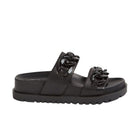 The Django & Juliette Womens Ubey Black Leather sandal features two Wide chain-detailed straps, a thick ridged sole, and an open toe—combining comfort and style while helping relieve foot pain.