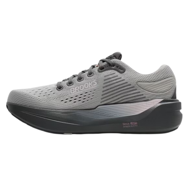 BROOKS Women's Ghost Max 3 in Harbor Mist/Poppy Seed/Pink offers cushioned stability and a black sole with lace-up design.