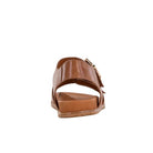 The ZIERA Womens Hastice Tan Leather sandal features leather uppers, a low wedge heel, and an adjustable side buckle strap, shown from the back with an open-toe design.