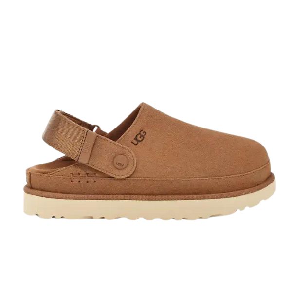 The UGG Womens Goldenstar Clog Chestnut by UGG features a closed toe, open heel, adjustable strap, and thick light beige platform sole—ideal for anyone wanting a cozy and stylish chestnut clog.