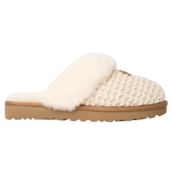 UGG Women's Cozy Cream slipper with textured knit upper, sheepskin lining, and tan rubber sole.