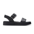 The Clarks Womens Alda Strap Black Leather sandal by CLARKS features a thick platform sole, open toe, Wide front strap, large silver ankle buckle, and a contour cushion footbed for all-day comfort.