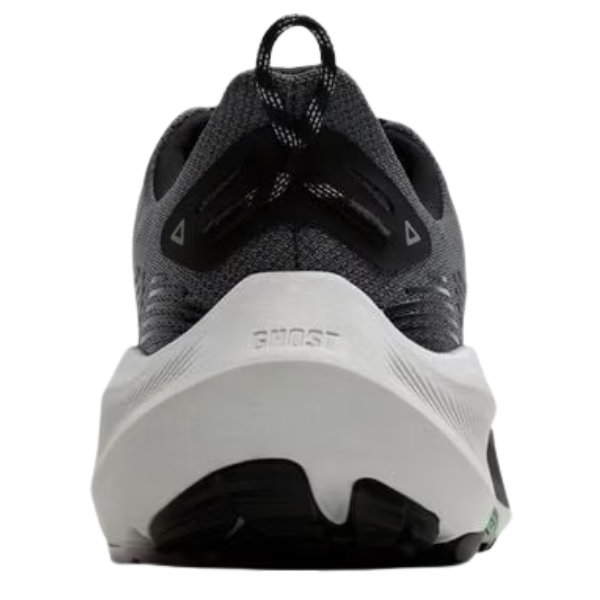 Rear view of the Brooks Women's Ghost Trail Wide in Poppy Seed/Black/Pink, with all-terrain traction for trail running.