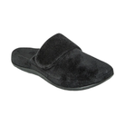 The Aetrex Women's Mandy Black slipper features arch support and a flat sole, shown side view on a white background.
