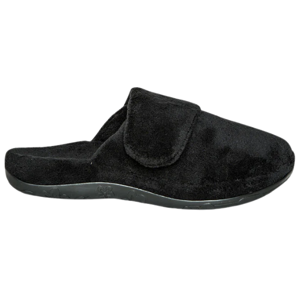 The AETREX Aetrex Women's Mandy Black slipper features a fuzzy open-back, hook-and-loop flap, and textured rubber sole.