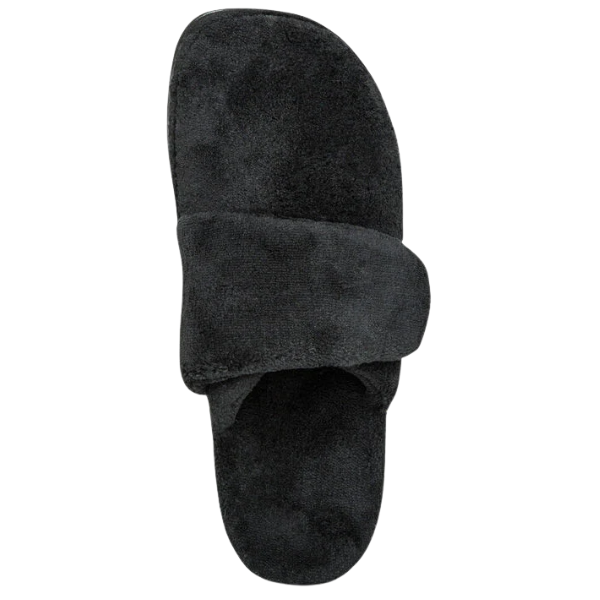 The Aetrex Women's Mandy Black slipper by AETREX features a wide strap, arch support, and memory foam comfort, shown from above.