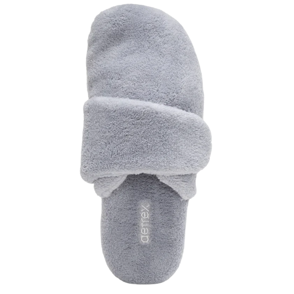 Aetrex Women's Mandy Grey slipper, gray and fuzzy with arch support, open back, and AETREX logo on the insole, top view.