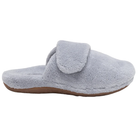 Aetrex Women's Mandy Grey slipper by AETREX: light gray, fuzzy, arch support, brown sole, adjustable Velcro strap.