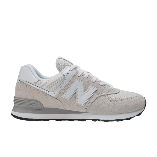 The New Balance Mens 574 White/Grey running shoe features a suede and mesh upper, white laces, and the iconic N logo, displayed in a side profile against a plain white background.