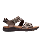The Clarks Women’s Kitly Ave Bronze sandal by CLARKS features metallic bronze adjustable straps, a Contour Cushion footbed for comfort, and a dark brown sole—perfect for stylish, all-day support.