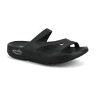 The Sovella Women's PF Slide Black is a slip-on recovery sandal with two wide straps, an open toe design, cushioned comfort, and the SOVELLA name in white on the thick sole.