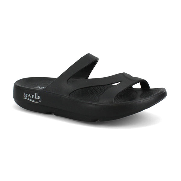 SOVELLA Active Recovery Women’s PF Slide Sandals, black, two-strap, thick sole, arch support. Lucky Feet Shoes